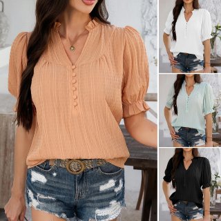 Women's V-Neck Ruffle Flare Sleeve Blouse Summer Solid Color Textured Button Front Shirt For Casual Commuting Ladies Elegant Top