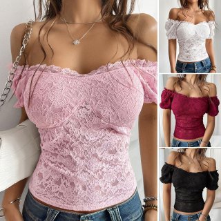 Women Sexy Floral Embroidery Lace Top Off Shoulder Short Puff Sleeve Slim Fit Crop Blouse Streetwear Party Clubwear Shirt