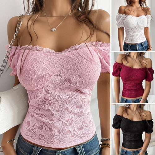 Women Sexy Floral Embroidery Lace Top Off Shoulder Short Puff Sleeve Slim Fit Crop Blouse Streetwear Party Clubwear Shirt