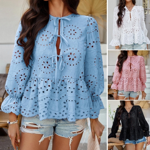 Women's Hollow Out Embroidery Blouse V Neck Lace Up Ruffle Hem Long Flare Sleeve Solid Color Loose Casual Holiday Top Polyester Shirt