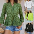 Women's Hollow Out Embroidery V-neck Blouse 100% Polyester 3/4 Flare Sleeve Button Ruffle Hem Peplum Top Vacation Casual Shirt