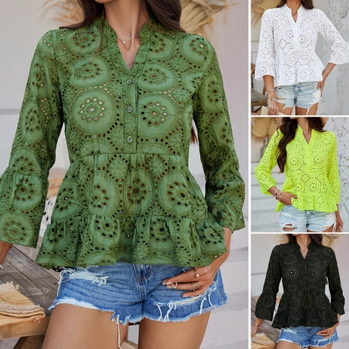 Women's Hollow Out Embroidery V-neck Blouse 100% Polyester 3/4 Flare Sleeve Button Ruffle Hem Peplum Top Vacation Casual Shirt
