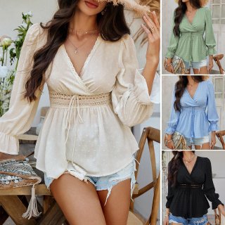 Women's Bohemian V Neck Blouse Polyester Cotton Swiss Dot Hollow Lace Patchwork Top Lantern Sleeve Ruffle Cuff Tie Waist Shirt For Vacation Casual Summer Spring