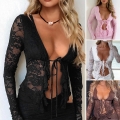 Women Sexy See-through Lace Cardigan V-Neck Tie-Front Long Sleeve Floral Mesh Top For Vacation Party Summer Y2K Streetwear Fashion Slim Fit Polyamide Elastane Blouse