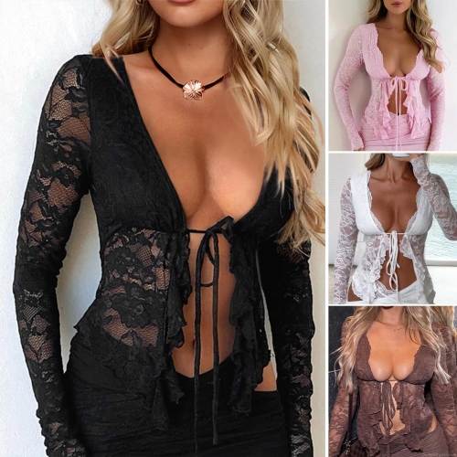 Women Sexy See-through Lace Cardigan V-Neck Tie-Front Long Sleeve Floral Mesh Top For Vacation Party Summer Y2K Streetwear Fashion Slim Fit Polyamide Elastane Blouse