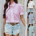 Women Elegant Ruffle Trim Short Puff Sleeve Blouse Sweet Textured Striped Button Down Shirt Casual Summer Vacation Tops