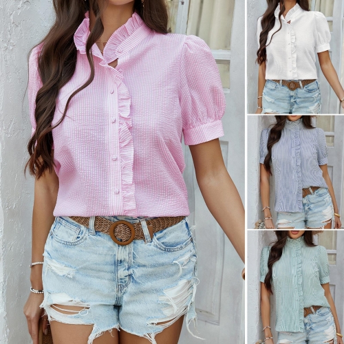 Women Elegant Ruffle Trim Short Puff Sleeve Blouse Sweet Textured Striped Button Down Shirt Casual Summer Vacation Tops