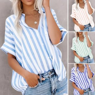 Women's Vertical Striped Short Sleeve Blouse Casual Button Down V Neck Loose Shirt Tops Summer Holiday Leisure Polyester Apparel
