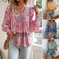 Women's Bohemian Floral Print V Neck Tie Front Long Sleeve Blouse Viscose Casual Loose Fit Vacation Beach Tops Autumn Shirts