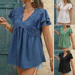 Women's V Neck Lace Patchwork Blouse Ruffle Short Sleeve Polka Dot Jacquard Loose Fit Casual Boho Holiday Top Polyester Shirt