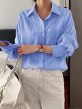 Women's Casual Vertical Striped Long Sleeve Polyester Blouse Loose Fit Lapel Button Down Shirt With Chest Pocket For Vacation Daily Wear