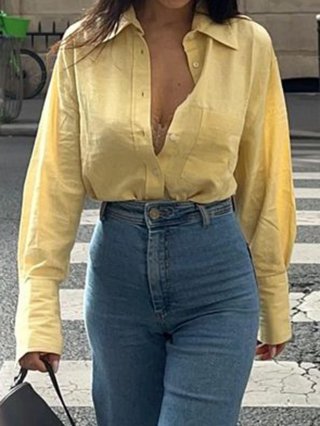 Women's Casual 100% Cotton Solid Color Long Sleeve Button Up Blouse Shirt with Pocket Loose Fit Top for Spring Autumn Leisure Vacation