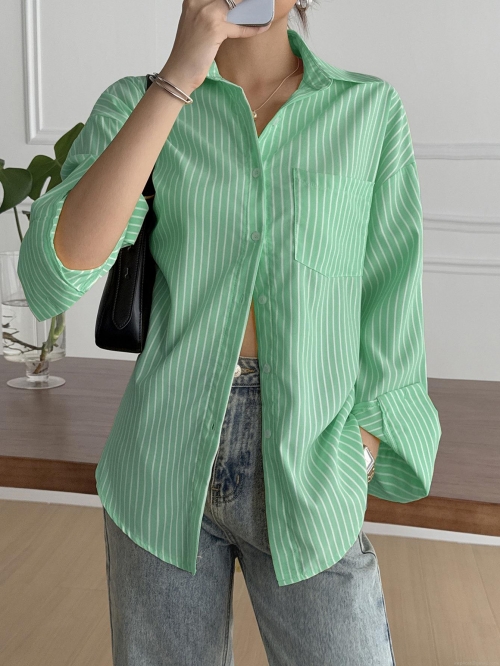 Women's Casual Striped Long Sleeve Button Down Shirt Loose Fit Polo Collar Polyester Woven Blouse Top For Summer Vacation Daily Wear Streetwear Light Breathable With Chest Pocket Curved Hem Multiple Colors