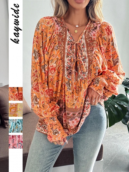 Women's Bohemian 100% Viscose Blouse Shirt V-Neck Tie-Up Long Puff Sleeve Floral Paisley Print Loose Casual Holiday Beach Top For Women