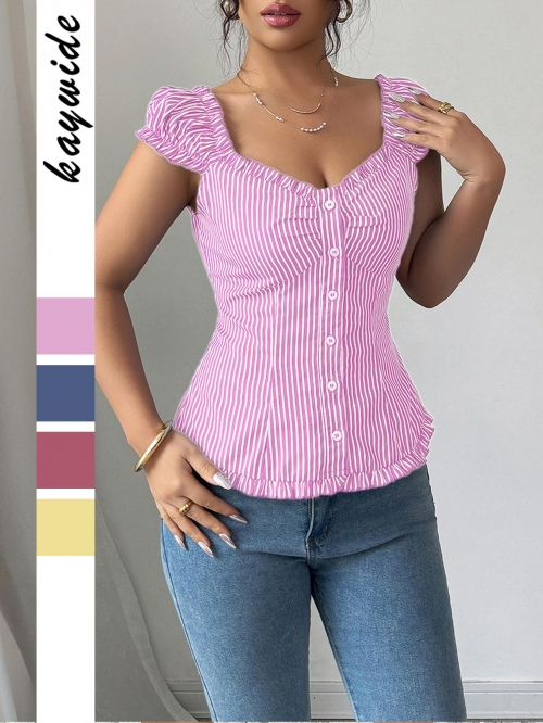 Elegant Striped Blouse Top 100% Polyester Heart Neck Button Up Ruffle Hem Puff Short Sleeve Shirt For Women Daily Casual Wear