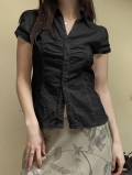 Women's Short Sleeve Button Up Blouse Ruched V Neck Shirt Sexy Y2K Spicy Girl Top Solid Color Casual Summer Outfits Polyester Blouse