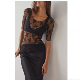 Women Sexy See-through Floral Embroidery Lace Mesh Blouse Short Sleeve Round Neck Slim Fit Transparent Top for Party Clubwear Spring Summer