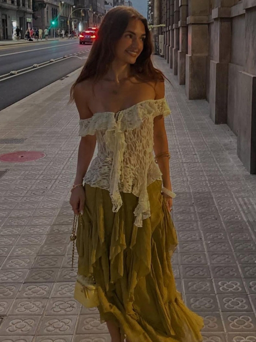 Women's Sexy Off Shoulder Lace Blouse Ruffle Trim Irregular Hem Tie Up Summer Beach Vacation Sleeveless Mesh Top For Women Nylon Spandex