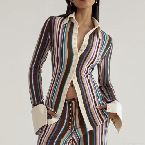 Fashion Women's Striped Long Sleeve Shirt Turn-down Collar Single Breasted Polyester Blend Casual Office Slim Fit Patchwork Streetwear Blouse Tops For Women