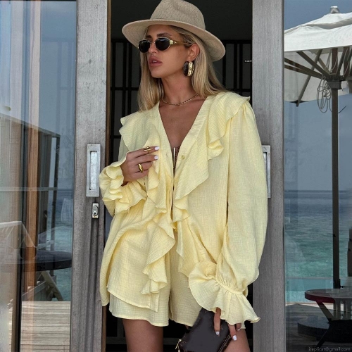 Women's Casual Yellow Ruffle Trim Blouse With Flare Sleeves Polyester Crepe V-Neck Button Down Shirt Top For Summer Beach Resort Ladies