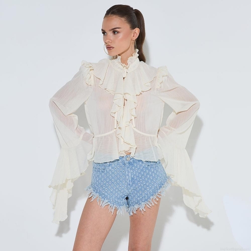 Women's Sexy Ruffle Chiffon Blouse Elegant Long Bell Sleeve Lace Up Tie Front Cardigan Top Streetwear Solid Color Polyester Shirt for Party