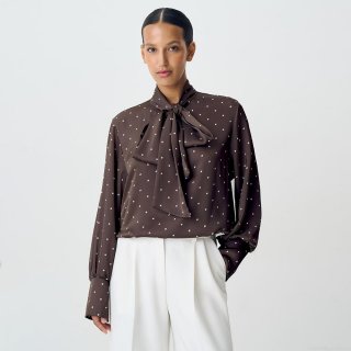 Elegant Polka Dot Long Sleeve Blouse For Women Satin Bow Tie Neck Vintage Loose Fit Shirt Office Casual Streetwear Top