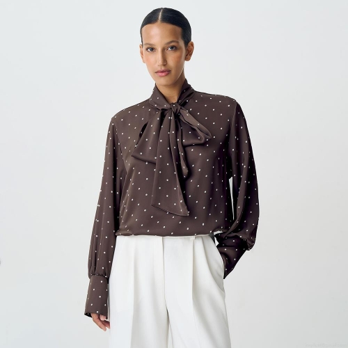 Elegant Polka Dot Long Sleeve Blouse For Women Satin Bow Tie Neck Vintage Loose Fit Shirt Office Casual Streetwear Top