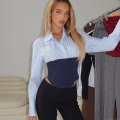 Women's Sexy Blue Striped Patchwork Shirt Blouse With Corset Waistband Lace Up Back Long Sleeve Slim Fit Autumn Tops Streetwear Style