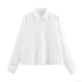Women's Elegant White Satin Long Sleeve Blouse With Woven Texture Design Lapel V-Neck Loose Button Down Shirt Commute Office Fashion Tops