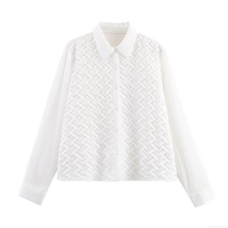 Women's Elegant White Satin Long Sleeve Blouse With Woven Texture Design Lapel V-Neck Loose Button Down Shirt Commute Office Fashion Tops