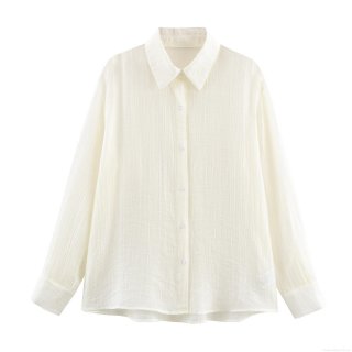 Women's Elegant Textured Long Sleeve Blouse Loose Fit Solid Color Button Down Shirt Lapel Collar Puff Sleeve Casual Tops For Women