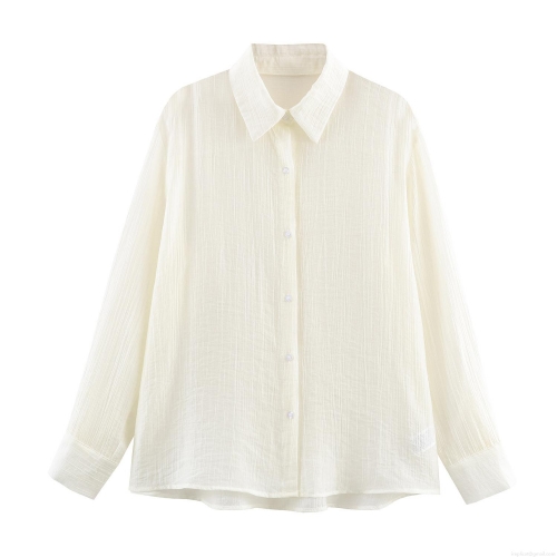 Women's Elegant Textured Long Sleeve Blouse Loose Fit Solid Color Button Down Shirt Lapel Collar Puff Sleeve Casual Tops For Women