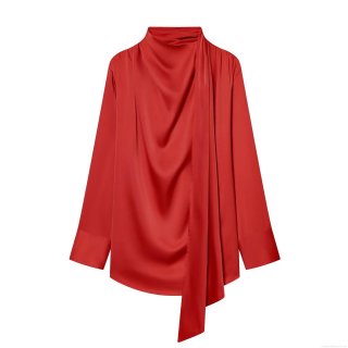 Women's Elegant Satin High Neck Pleated Blouse With Tie Bowknot Loose Solid Color Long Sleeve Pullover Blouse Shirt For Party Women