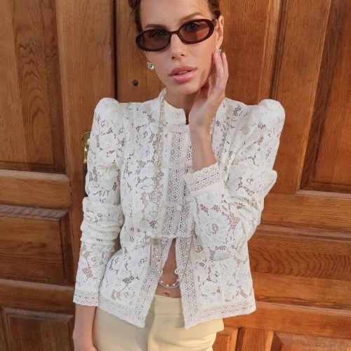 Women's Lace Blouse Long Sleeve Stand Collar Chinese Style Frog Button Shirt Elegant Hollow Out Vintage Tops For Daily Party Lady
