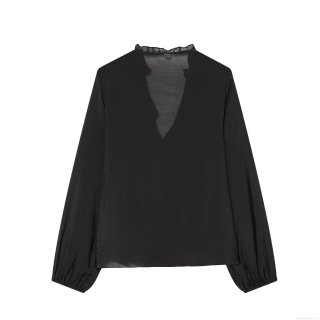 French Style Women's V-Neck Ruffle Blouse Elegant Solid Color Long Bubble Sleeve Polyester Mesh Shirt Sweet Loose Fit Casual Daily Tops for Ladies