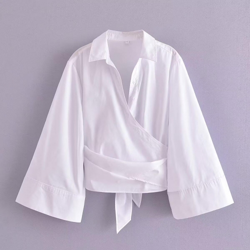 Women's Elegant V-Neck Wrap Shirt 100% Polyester Flare Sleeve Tie Waist Cropped Blouse Solid Color Long Sleeve Top for Office Work Daily Wear