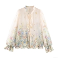 French Style Floral Embroidered Chiffon Blouse For Women Elegant Ruffle Stand Collar Tie-Up Bow Puff Sleeve Loose Top Beige Spring Sweet Shirt