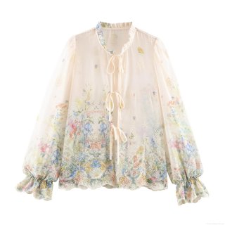 French Style Floral Embroidered Chiffon Blouse For Women Elegant Ruffle Stand Collar Tie-Up Bow Puff Sleeve Loose Top Beige Spring Sweet Shirt