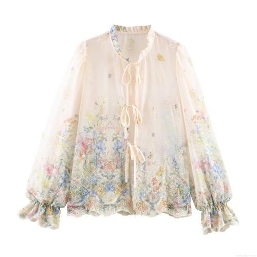 French Style Floral Embroidered Chiffon Blouse For Women Elegant Ruffle Stand Collar Tie-Up Bow Puff Sleeve Loose Top Beige Spring Sweet Shirt