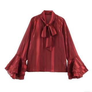 French Style Women Long Sleeve Blouse Striped Shiny Polyester Fabric Tie Neck Bow Shirt Multi Layer Flare Ruffle Sleeve Tops Elegant Ladies Party Apparel