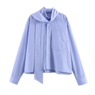 Women's Striped Tie Neck Long Sleeve Blouse Elegant Polyester Button Up Shirt With Pocket For Office Casual Wear Spring Summer