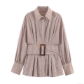 Women's Gingham Long Sleeve Shirt With Waist Belt Amber Square Buckle Lapel Collar Puff Sleeve Button Down Polyester Blouse Top For Daily Wear