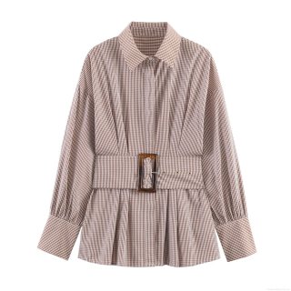 Women's Gingham Long Sleeve Shirt With Waist Belt Amber Square Buckle Lapel Collar Puff Sleeve Button Down Polyester Blouse Top For Daily Wear