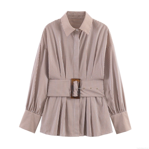 Women's Gingham Long Sleeve Shirt With Waist Belt Amber Square Buckle Lapel Collar Puff Sleeve Button Down Polyester Blouse Top For Daily Wear