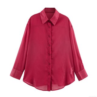 Women's Vintage Metallic Chiffon Blouse Elegant Long Sleeve Single Breasted Loose Shirt Red Fashion Turn-down Collar Tops For Office Daily Wear