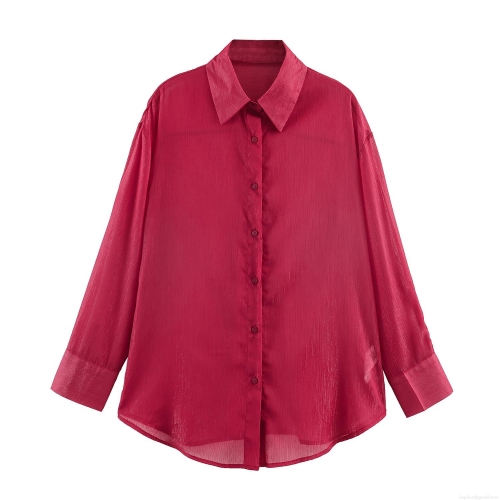 Women's Vintage Metallic Chiffon Blouse Elegant Long Sleeve Single Breasted Loose Shirt Red Fashion Turn-down Collar Tops For Office Daily Wear