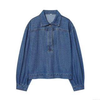 Women's Loose Denim Shirt Blouse Long Lantern Sleeve Lapel Semi Placket Top With Leopard Head Button Casual Distressed Western Style Streetwear