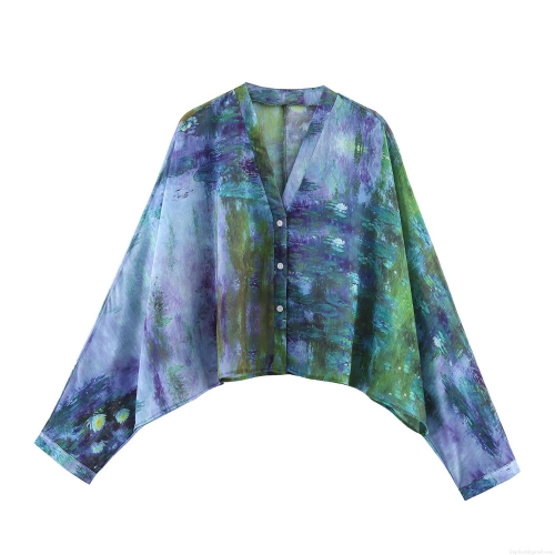 Women's Retro Artistic Chiffon Blouse Featuring Monet Water Lily Oil Painting Print V-Neck Batwing Sleeve Loose Fit Casual Button Down Top