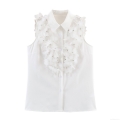 Women's White Sleeveless Blouse With 3D Floral Applique And Rhinestone Beaded Decoration Elegant Polyester Polo Neck Summer Top For Daily Dating