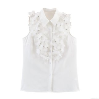 Women's White Sleeveless Blouse With 3D Floral Applique And Rhinestone Beaded Decoration Elegant Polyester Polo Neck Summer Top For Daily Dating